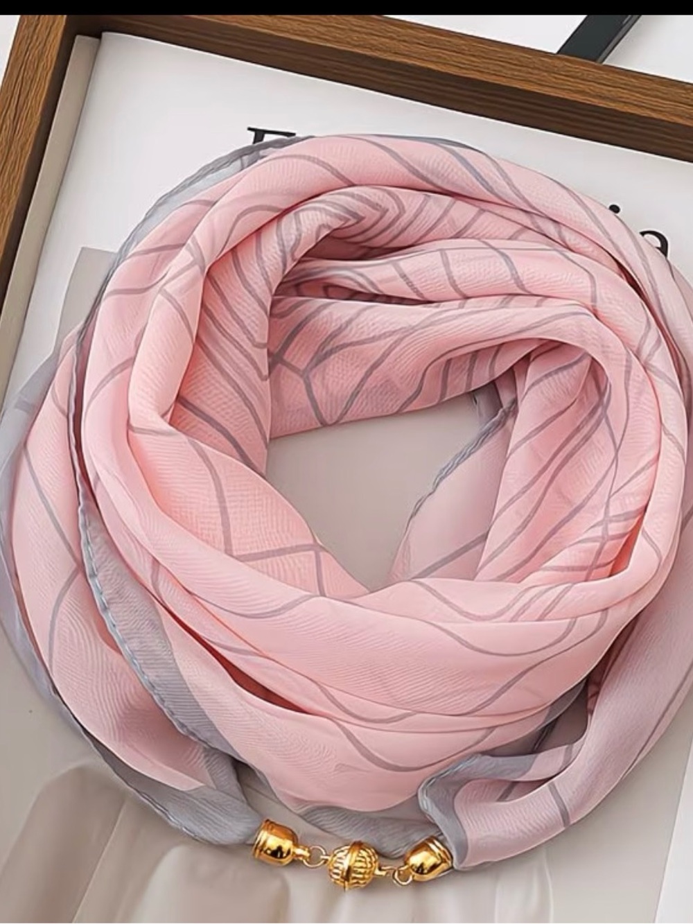 Light Pink Geometric Women's Scarf with Gold Bead Accent